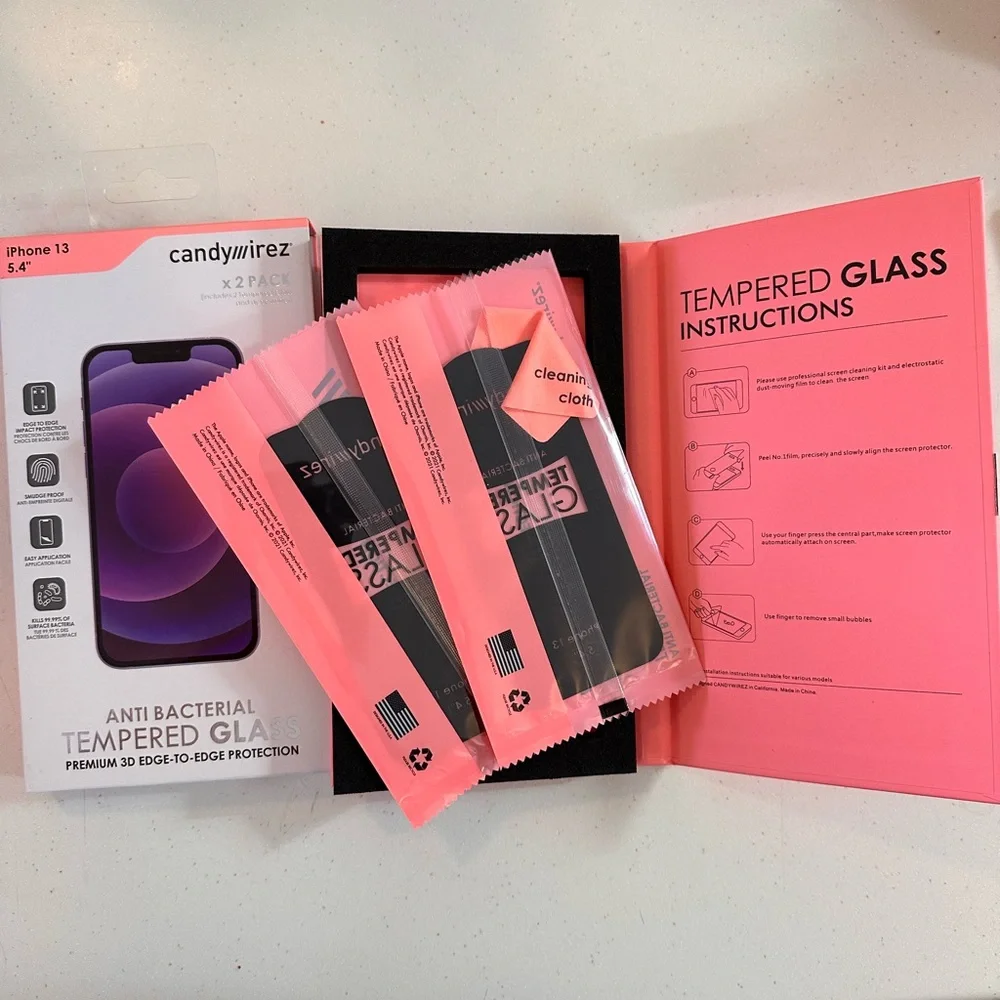 Candyirez Antibacterial Incluides 2 Tempered Glass, Iphone 13 5.4”. New in box.